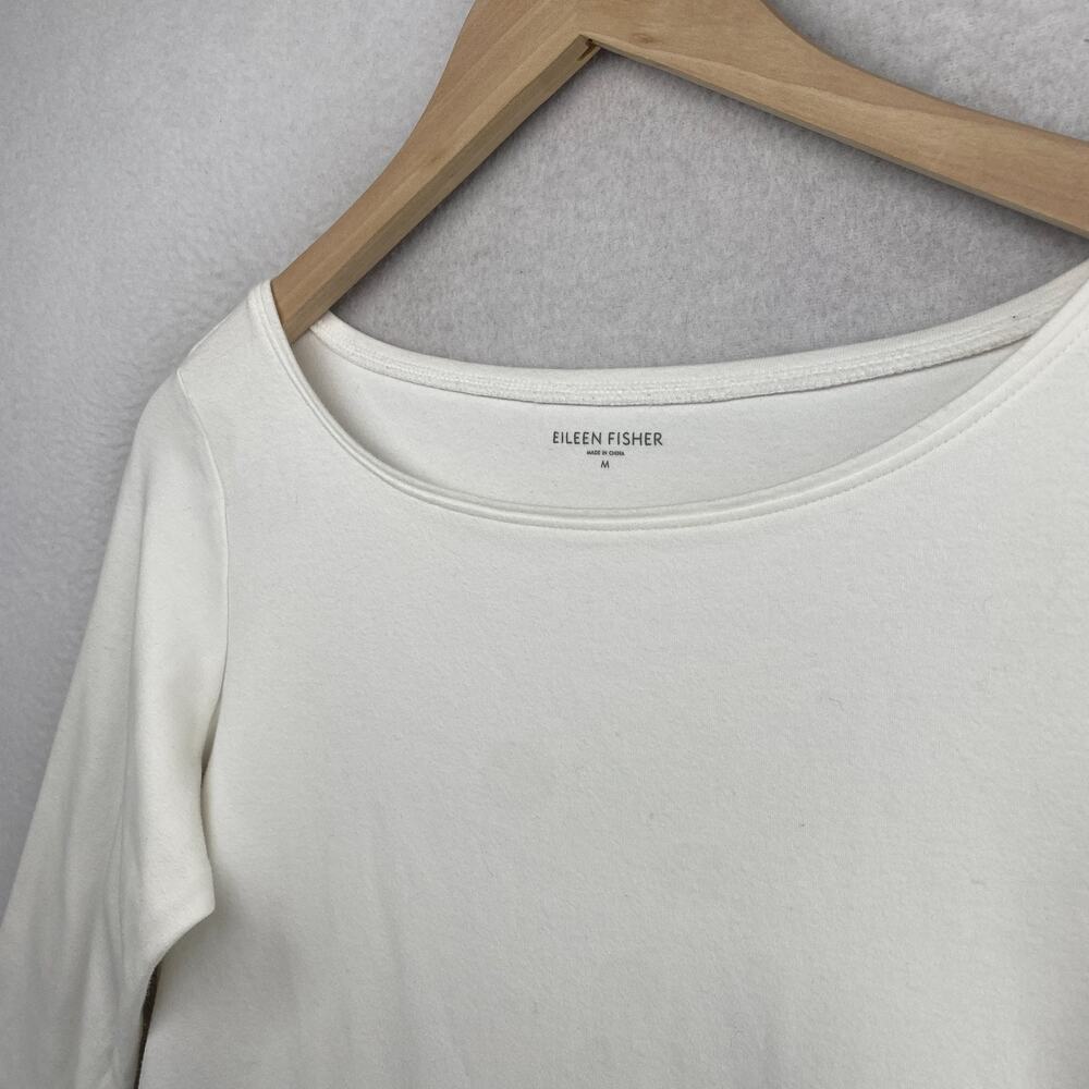 EILEEN FISHER Top M Cotton Interlock Jersey Boat Neck 3/4 Sleeve White - Picture 2 of 12